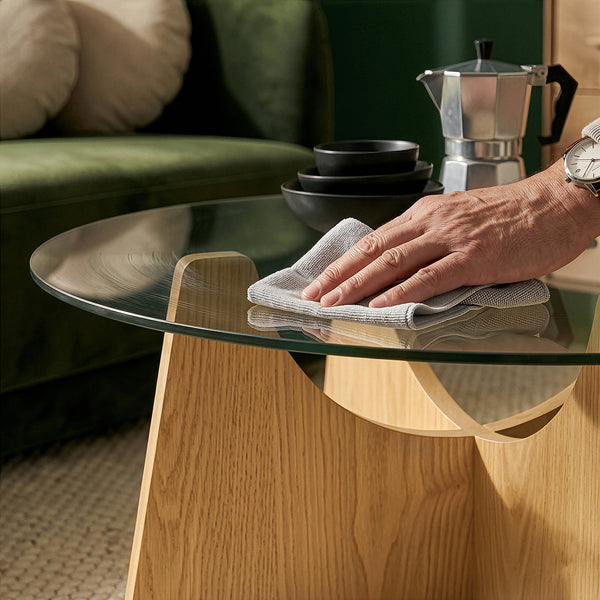 Couchtisch 'Omlar' mit Glasplatte rund Ø70 x 35 cm Eicheoptik / Rauchgrau