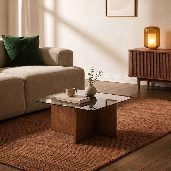 Couchtisch Benexjö mit Glasplatte 70x70x36 cm Walnussoptik/Grau [en.casa]