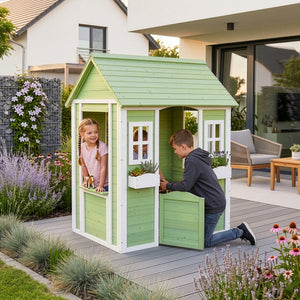 Kinderspielhaus Kuoldsvin Tannenholz 144x102x90 cm Grün/Weiß [en.casa]