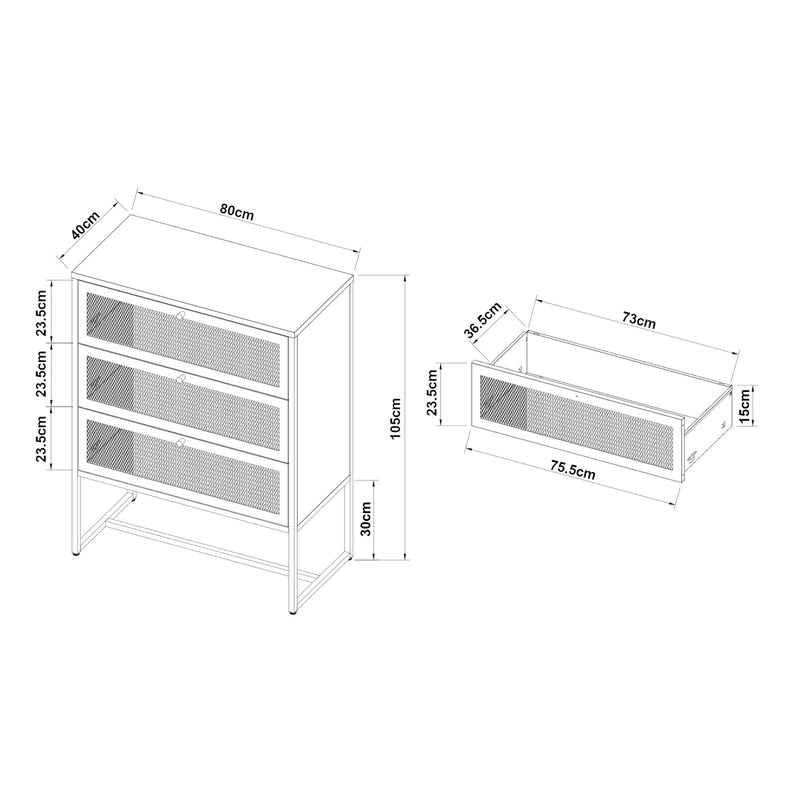 Maßskizze Büroschrank Sund mit 3 Schubladen 105x80x40 cm Grau [en.casa]