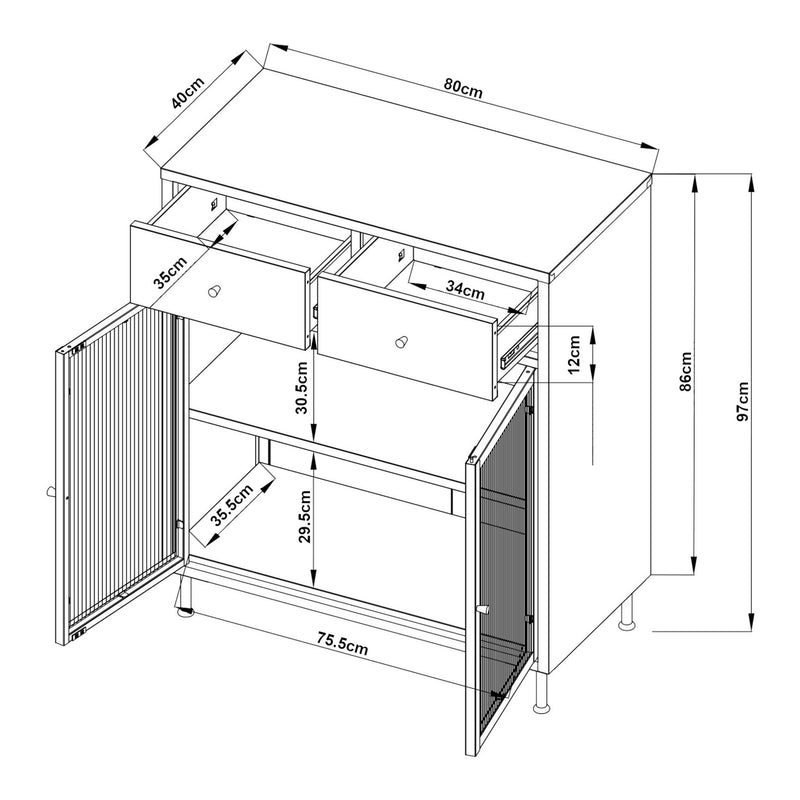 Maßskizze Sideboard Lindau Stahl 97x80x40 cm Cremeweiß [en.casa]