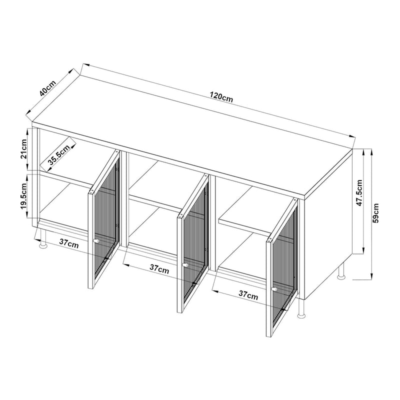Maßskizze TV-Schrank Lindau Stahl 120x40x59 cm Cremeweiß [en.casa]