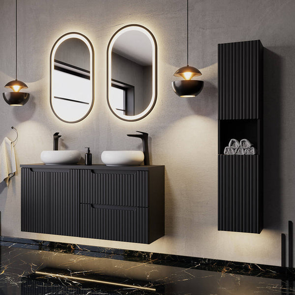 Hochschrank Skelbolu 140x30x25 cm Schwarz [en.casa]