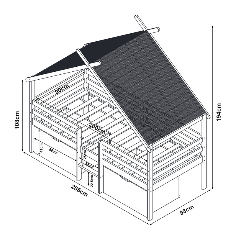 Maßskizze Hausbett Surnadal mit Matratze 90x200 cm Kiefernholz Weiß/Natur [en.casa]