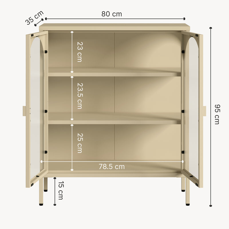 Maßskizze Vitrinen-Sideboard Klippestad Stahl 95x80x35 cm Kamelfarben [en.casa]