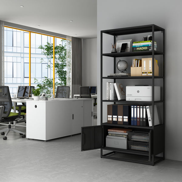 Bücherregal mit Schrank Hailuoto 80x40x180 cm Stahl Schwarz, matt [en.casa]