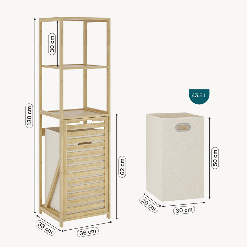 Maßskizze Badregal mit Wäschesammler Anun 130x36x33 cm Bambus Holzfarben [en.casa]