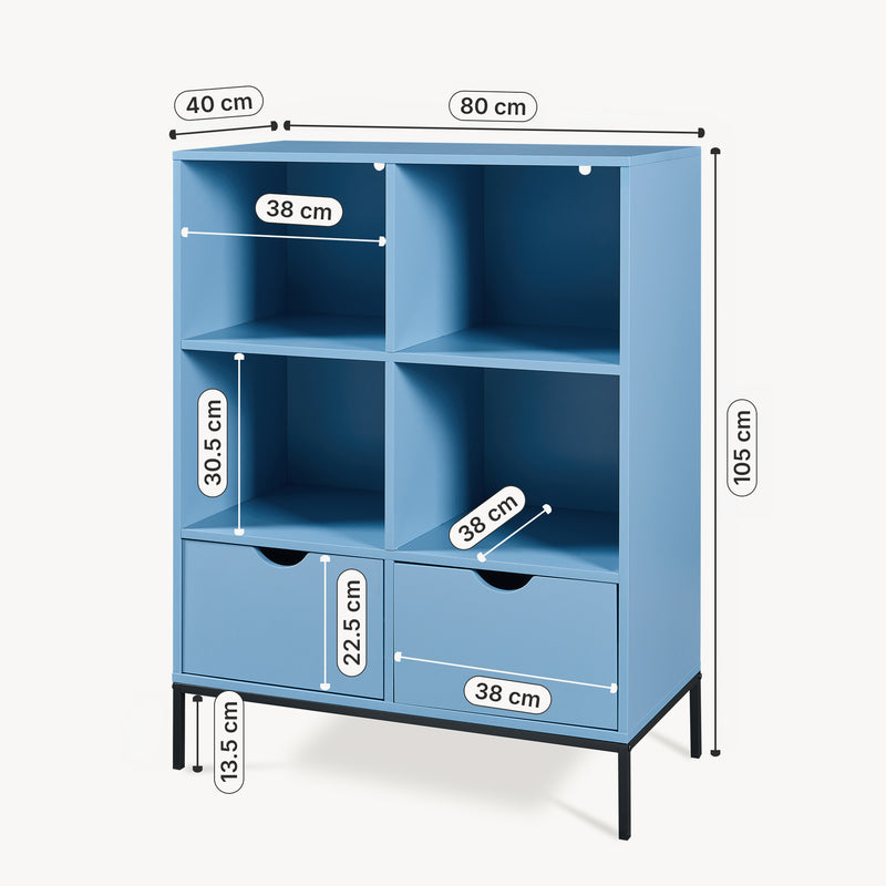 Maßskizze Bücherregal mit 2 Schubladen Colwyn 105x80x40 cm Blau [en.casa]