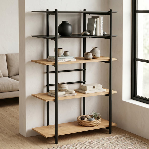Bücherregal Kappespoo 124x80x35 cm Schwarz/Eicheoptik [en.casa]