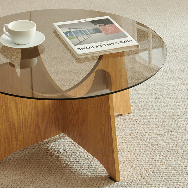 Couchtisch 'Omlar' mit Glasplatte rund Ø70 x 35 cm Eicheoptik / Rauchgrau
