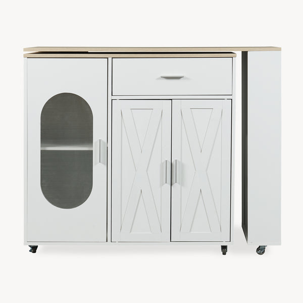 Rollbare Kücheninsel mit drehbarer Arbeitsplatte Kudebola 115x40x94 cm Eicheoptik/Weiß [en.casa]