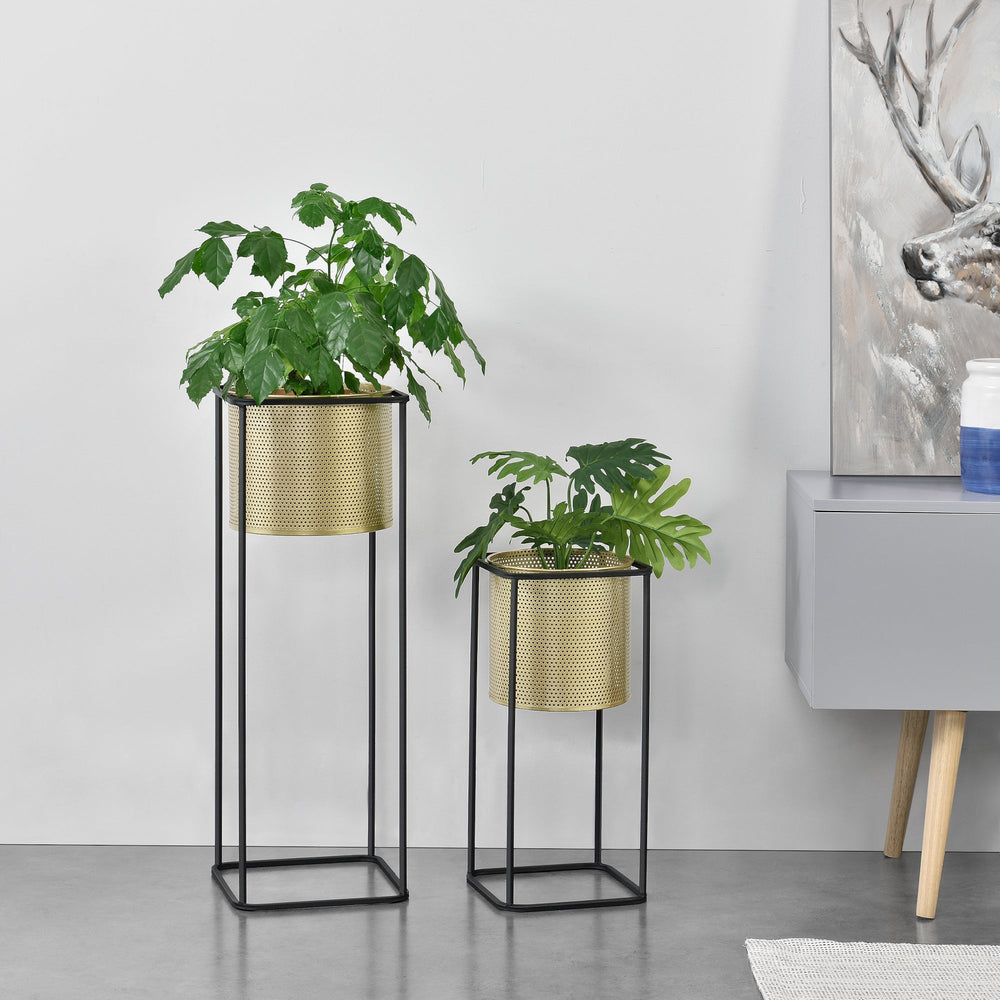 Blumentopf Ständer Mettet 2 - tlg. Schwarz - Goldfarben en.casa - premiumXL