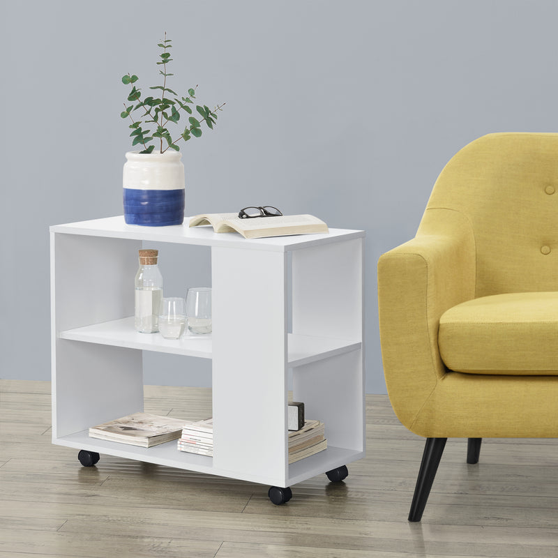Maßskizze Couchtisch Älvdalen 60x70x35 cm zusätzliche Ablage u. feststellbaren Rollen Weiß en.casa