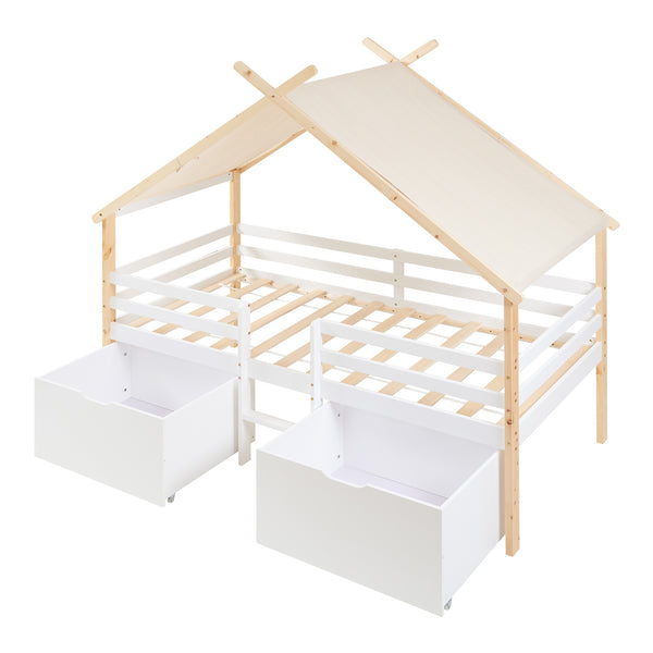 Hausbett Surnadal mit Matratze 90x200 cm Kiefernholz Weiß/Natur [en.casa]