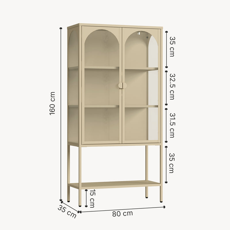 Maßskizze Vitrinenschrank Klippestad Stahl 160x80x35 cm Kamelfarben [en.casa]