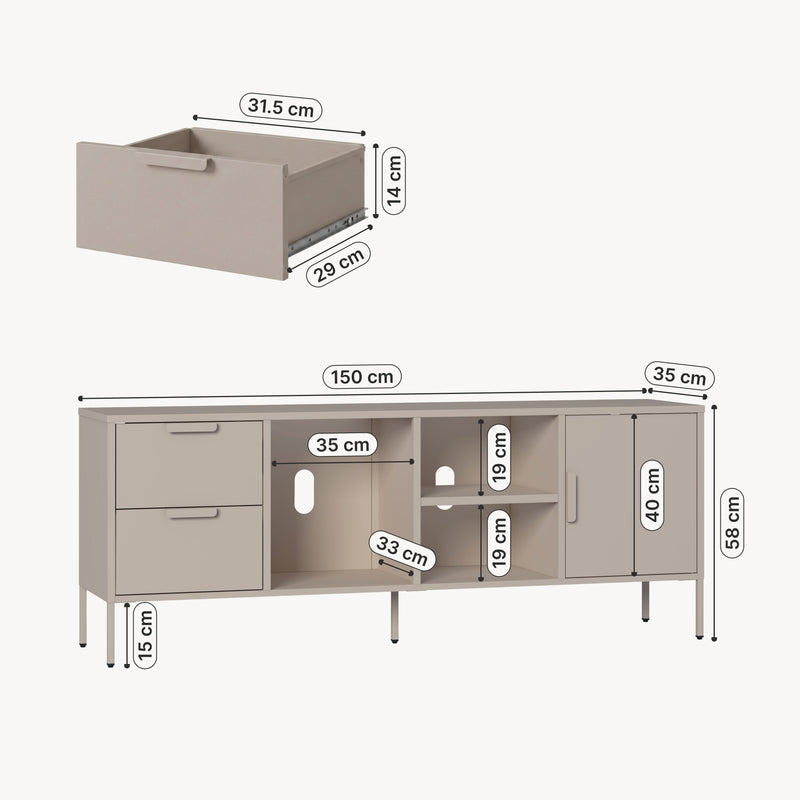 Maßskizze Fernsehschrank Kliri Stahl 150x35x58 cm Kamelfarben [en.casa]