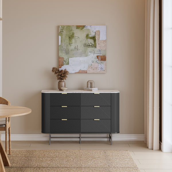 Kommode Olvehok 120x40x81 cm Schwarz/Marmoroptik, weiß [en.casa]