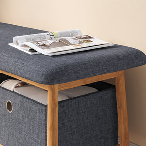 Sitzbank Vad mit 2 Aufbewahrungsboxen 90x30x45 cm Natur/Grau [en.casa]