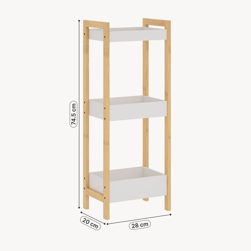 Maßskizze Badregal Anun mit 3 Ebenen 75x28x20 cm Bambus Natur/Weiß [en.casa]