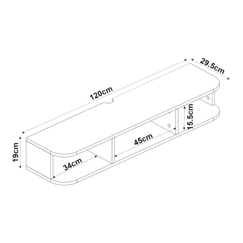 Maßskizze TV-Lowboard hängend Oundsvas 120x30x19 cm Weiß [en.casa]