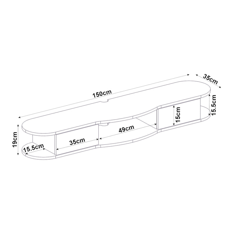 Maßskizze TV-Lowboard hängend Nyskiri 150x35x19 cm Anthrazit/Eicheoptik [en.casa]