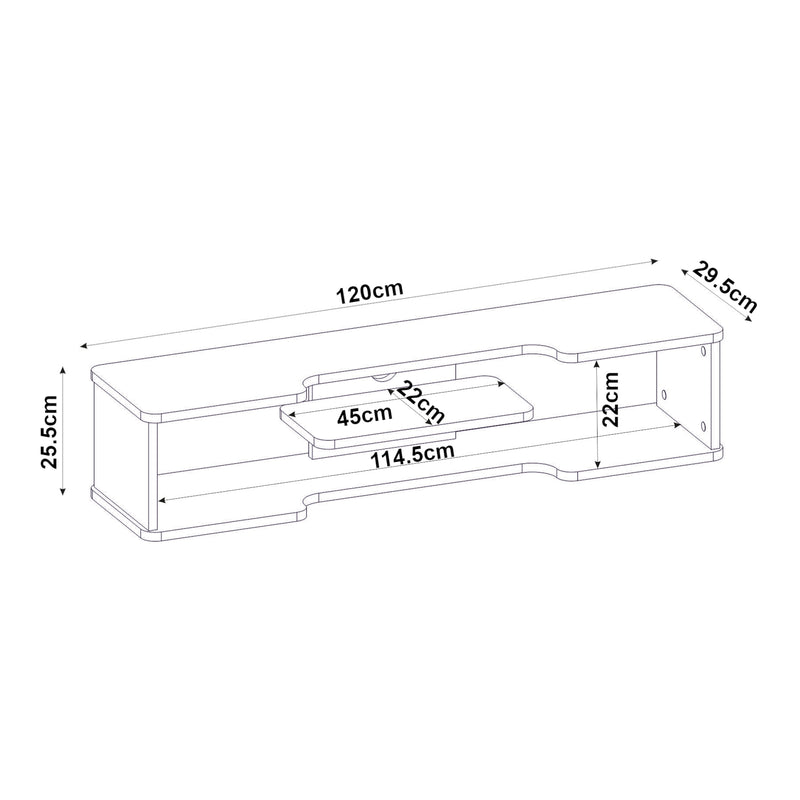 Maßskizze TV-Lowboard hängend Yrela 120x30x26 cm Weiß [en.casa]