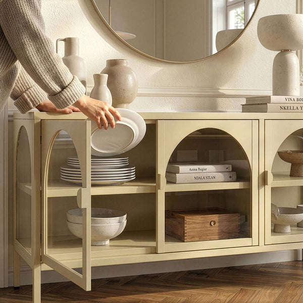 Vitrinen-Sideboard Klippestad Stahl 118x35x55 cm Kamelfarben [en.casa]
