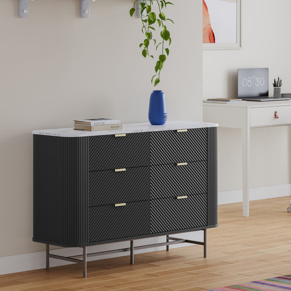 Kommode Olvehok 120x40x81 cm Schwarz/Marmoroptik, weiß [en.casa]