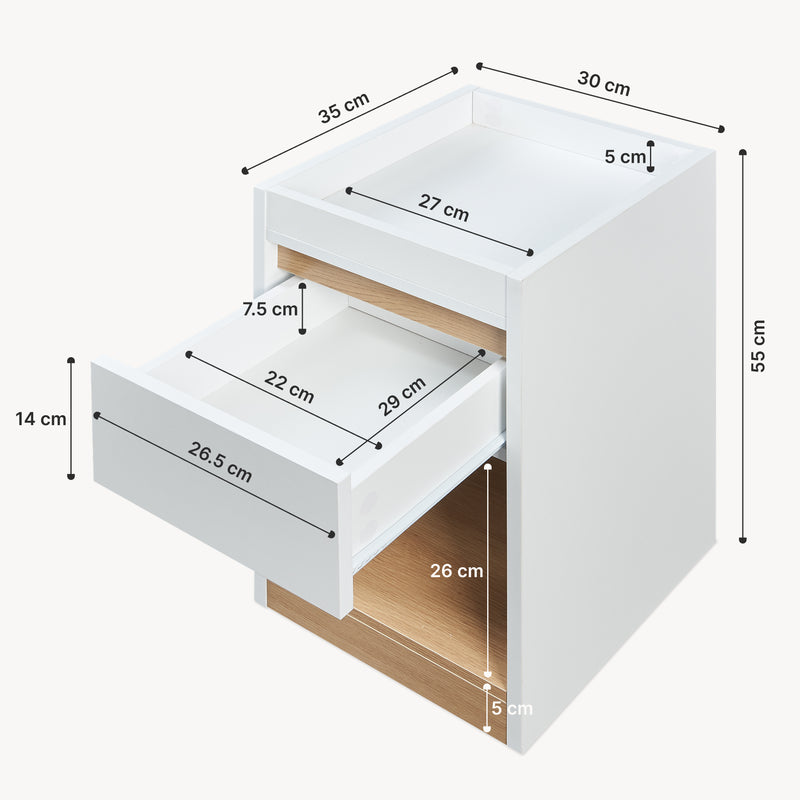 Maßskizze Nachttisch Lure 55x30x35 cm Weiß/Eicheoptik [en.casa]