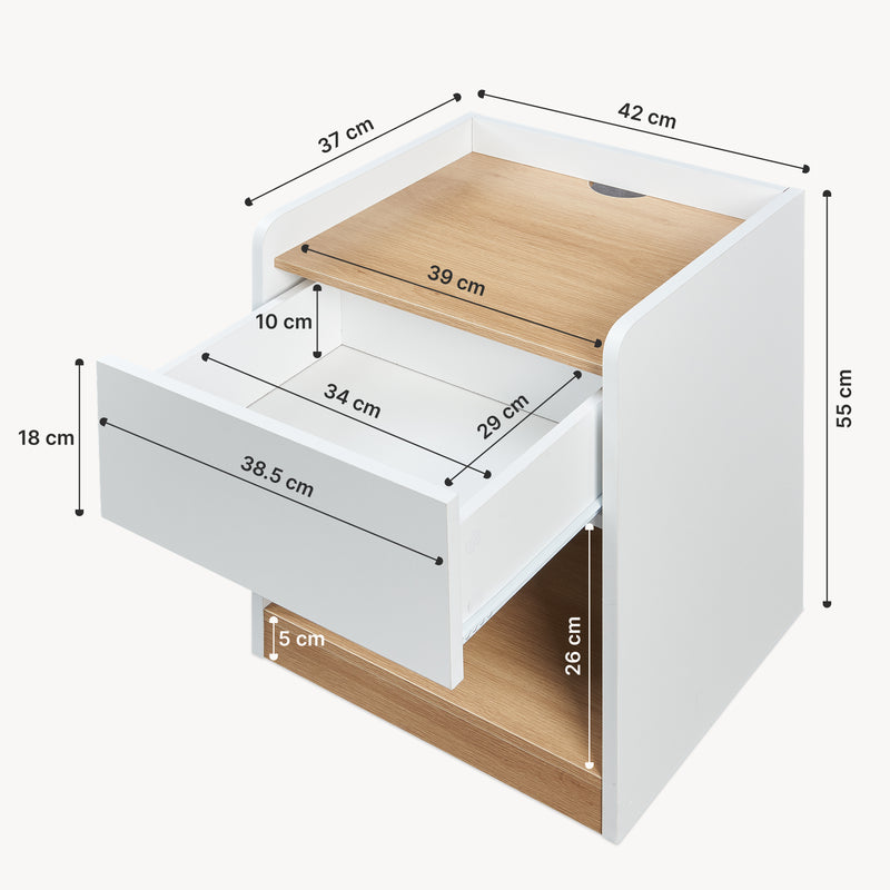 Maßskizze Nachttisch Kuorshare 55x42x37 cm Weiß/Eicheoptik [en.casa]