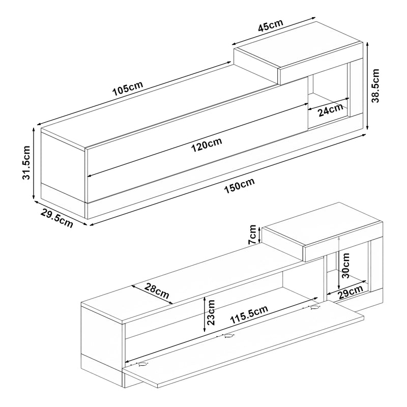 Maßskizze Fernsehschrank Luhanka 150x29,5x38,5cm Eiche in verschiedenen Farben [en.casa]