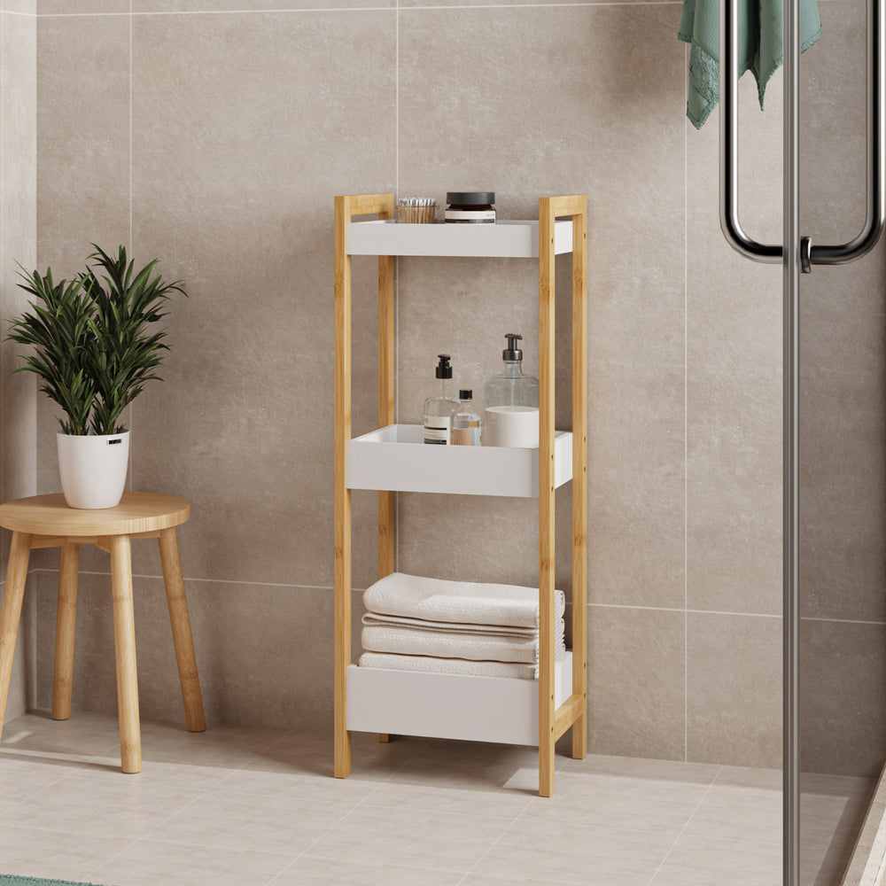 Badregal Anun mit 3 Ebenen 75x28x20 cm Bambus Natur/Weiß [en.casa]