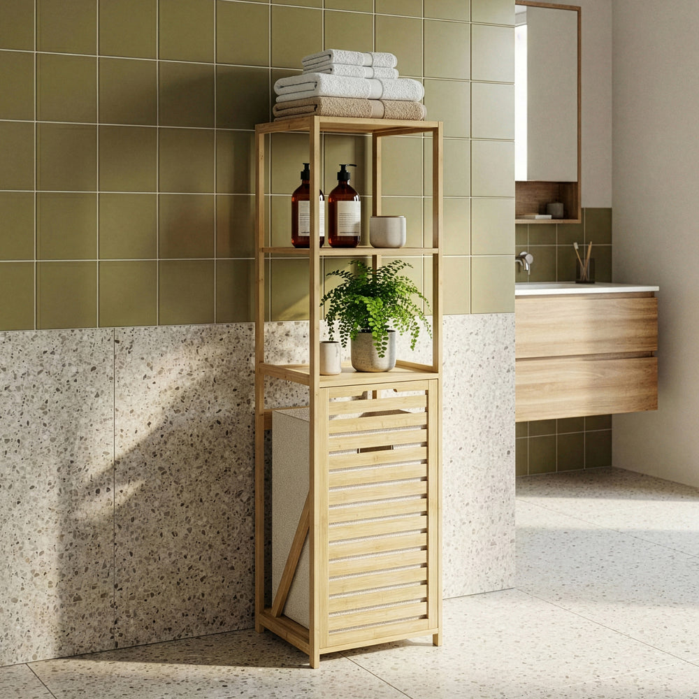 Badregal mit Wäschesammler Anun 130x36x33 cm Bambus Holzfarben [en.casa]