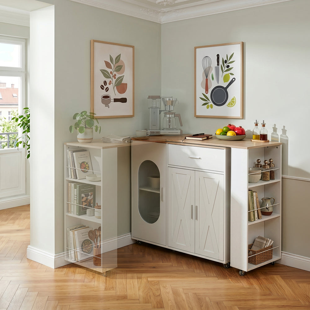Rollbare Kücheninsel mit drehbarer Arbeitsplatte Kudebola 115x40x94 cm Eicheoptik/Weiß [en.casa]