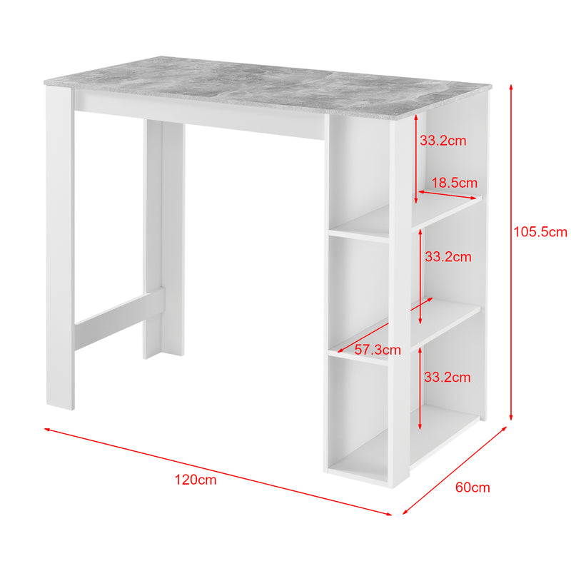 Maßskizze Bartisch Danderyd 120x60x106 cm mit 3 Ablagefächern [en.casa]