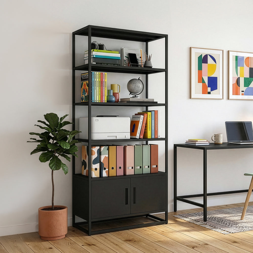 Bücherregal mit Schrank Hailuoto 80x40x180 cm Stahl Schwarz, matt [en.casa]