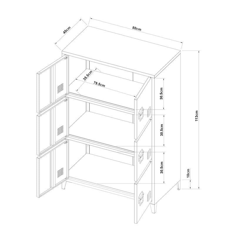 Maßskizze Büroschrank Hamina 113x80x40cm in versch. Farben [en.casa]