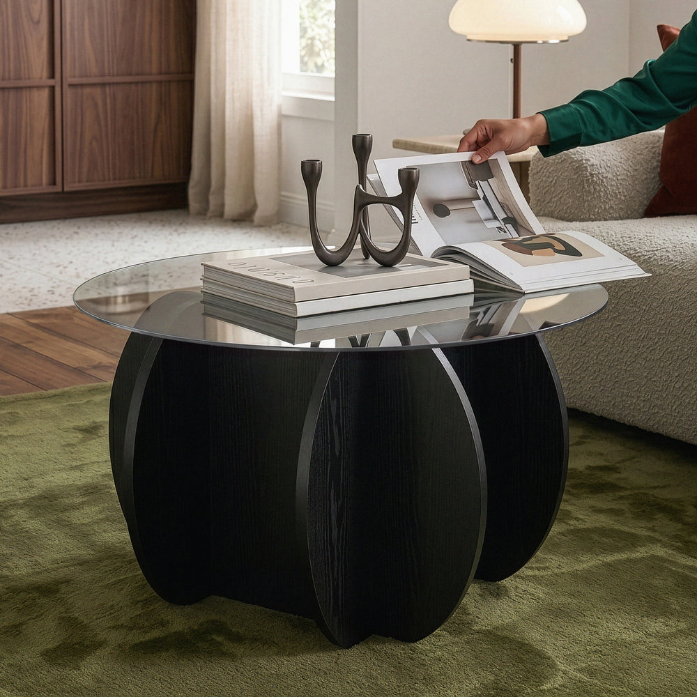 Couchtisch Karhuvandi mit Glasplatte Ø70x40 cm Schwarz/Grau [en.casa]