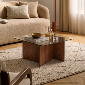 Couchtisch Benexjö mit Glasplatte 70x70x36 cm Walnussoptik/Grau [en.casa]