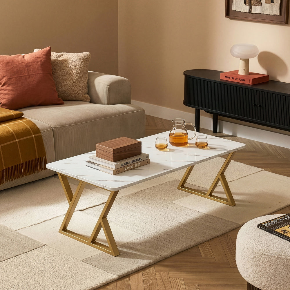 Couchtisch Nolu 120x60x46 cm Goldfarben/Marmoroptik, weiß [en.casa]