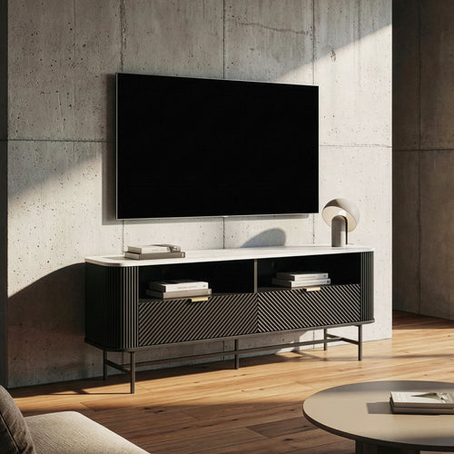 TV-Lowboard Olvehok 140x40x55 cm Schwarz/Marmoroptik, weiß [en.casa]