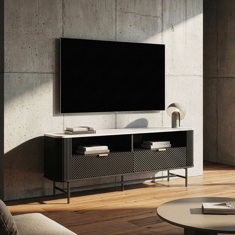 TV-Lowboard Olvehok 140x40x55 cm Schwarz/Marmoroptik, weiß [en.casa]