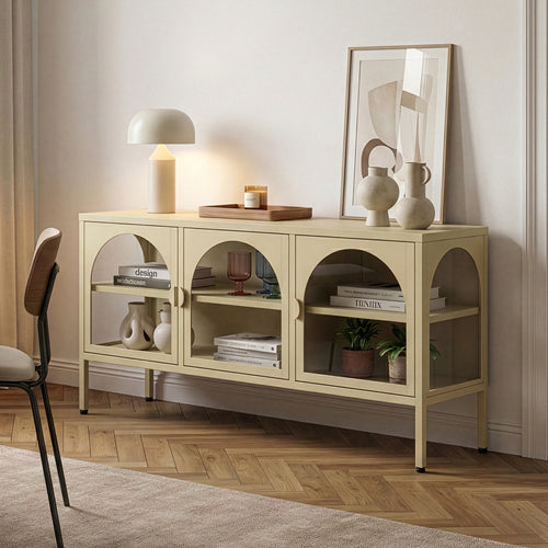 Vitrinen-Sideboard Klippestad Stahl 118x35x55 cm Kamelfarben [en.casa]