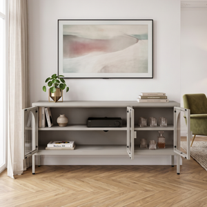 Vitrinen-Sideboard Klippestad Stahl 118x35x55 cm Warmgrau [en.casa]