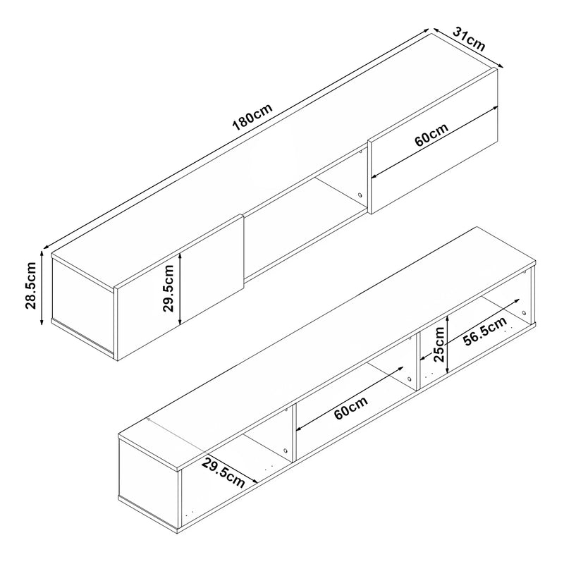 Maßskizze Fernsehschrank Paltamo 180x31x29,5cm in verschiedenen Farben [en.casa]