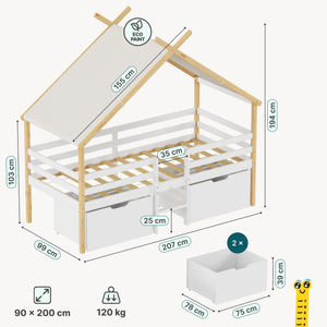 Hausbett Surnadal mit Matratze 90x200 cm Kiefernholz Weiß/Natur [en.casa]