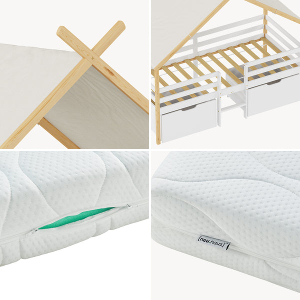 Hausbett Surnadal mit Matratze 90x200 cm Kiefernholz Weiß/Natur [en.casa]