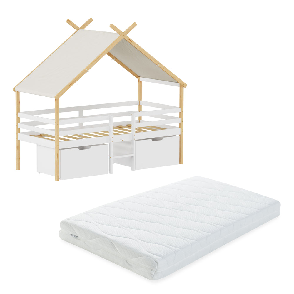 Hausbett Surnadal mit Matratze 90x200 cm Kiefernholz Weiß/Natur [en.casa]