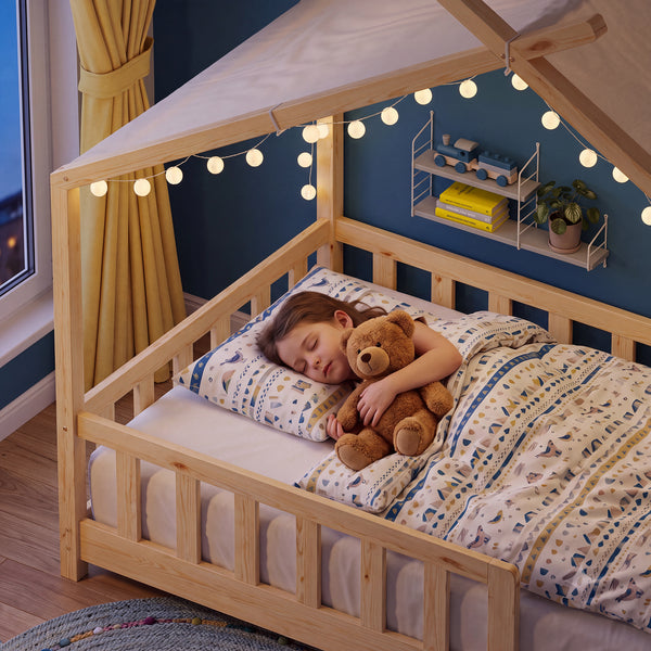 Hausbett Rila im Montessori-Stil mit Matratze und Rausfallschutz 90x200 cm [en.casa]