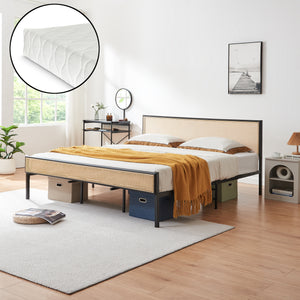Metallbett Linköping mit rechteckigem Kopfteil und Matratze [en.casa]